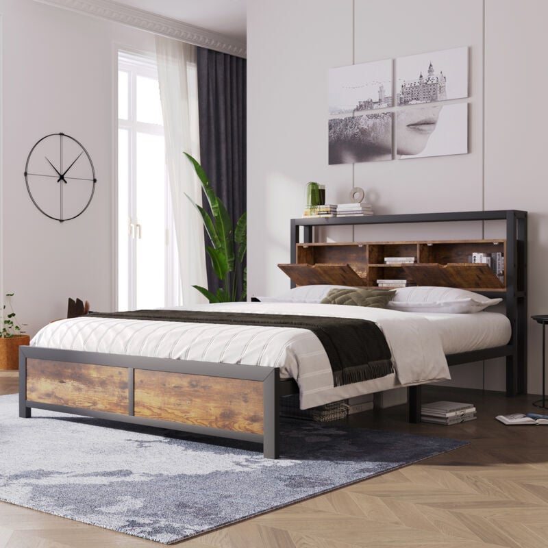 Aafgvc - Lit en métal pour jeunes, lit double 140 x 200 cm avec tête de lit rangement et sommier à lattes en métal, lit pour enfant, cadre de lit en