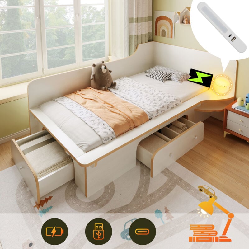 Wishdor - Lit adulte Lit enfant Lit ados 90 x 200 cm avec liseuse, usb, Type c et 3 tiroirs, design antidérapant, en bois, blanc