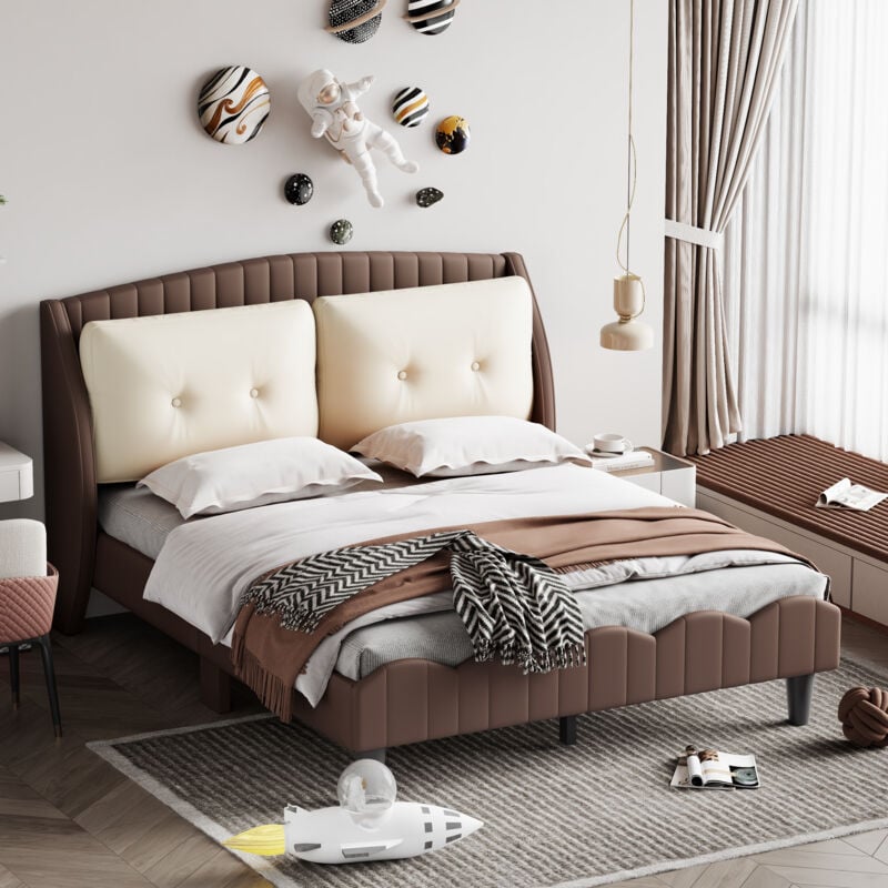 lit adulte-lit enfant rembourré 140 x 200 cm avec sommier à lattes, dossier et deux grands oreillers, lit double en cuir pu, adapté aux adultes et