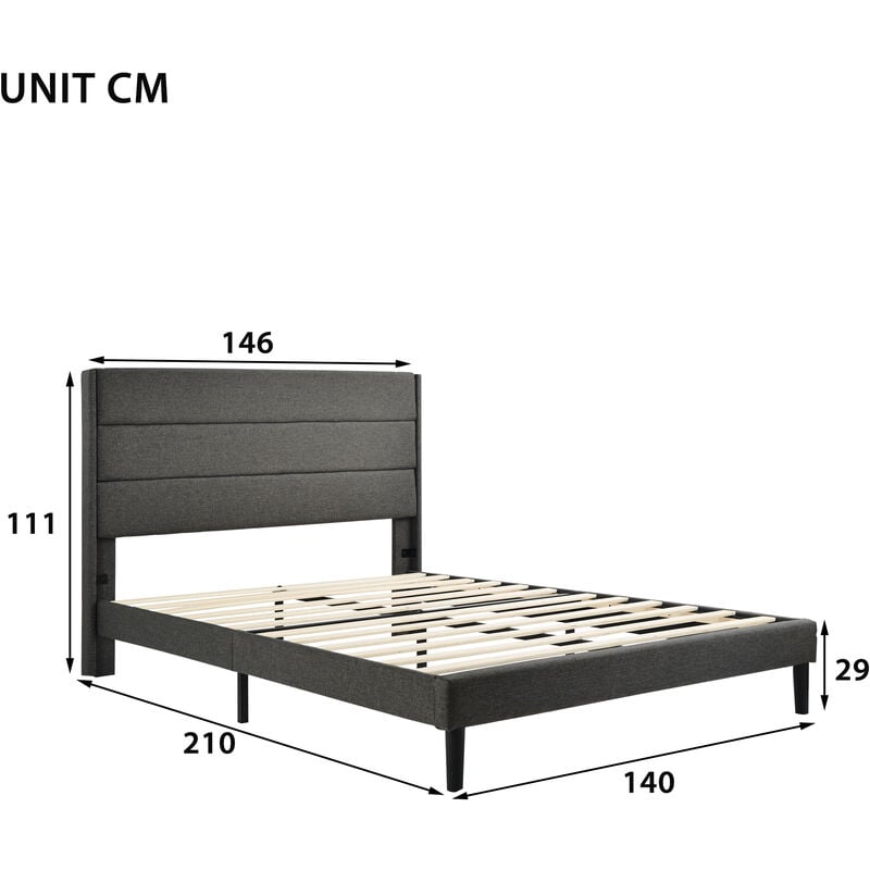L&h-cfcahl - Lit adulte Lit rembourré 140 x 200 cm, cadre de lit avec sommier à lattes et tête de lit, lit double rembourré, revêtement en tissu de