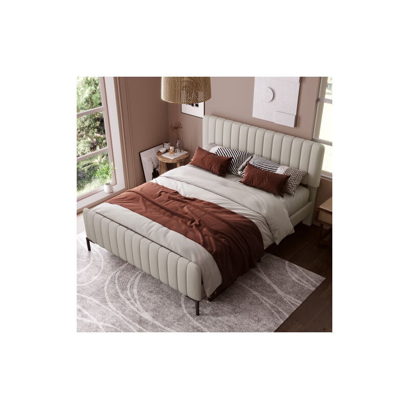 Wishdor - lit rembourré 180x200 cm, lit adulte 180x200 cm, cadre de lit avec sommier à lattes et tête de lit capitonné réglable, lin, gris-beige,