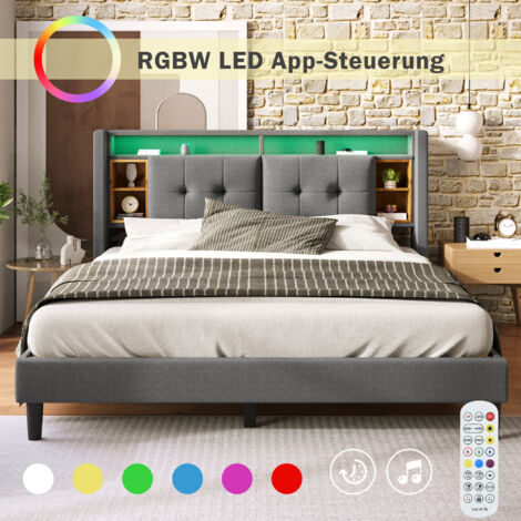 Lit adulte, Lit rembourré Lit double Tête de lit Cadre de lit Sommier à lattes en bois, avec recharge USB et éclairage LED 140200CM Gris(Sans matelas)