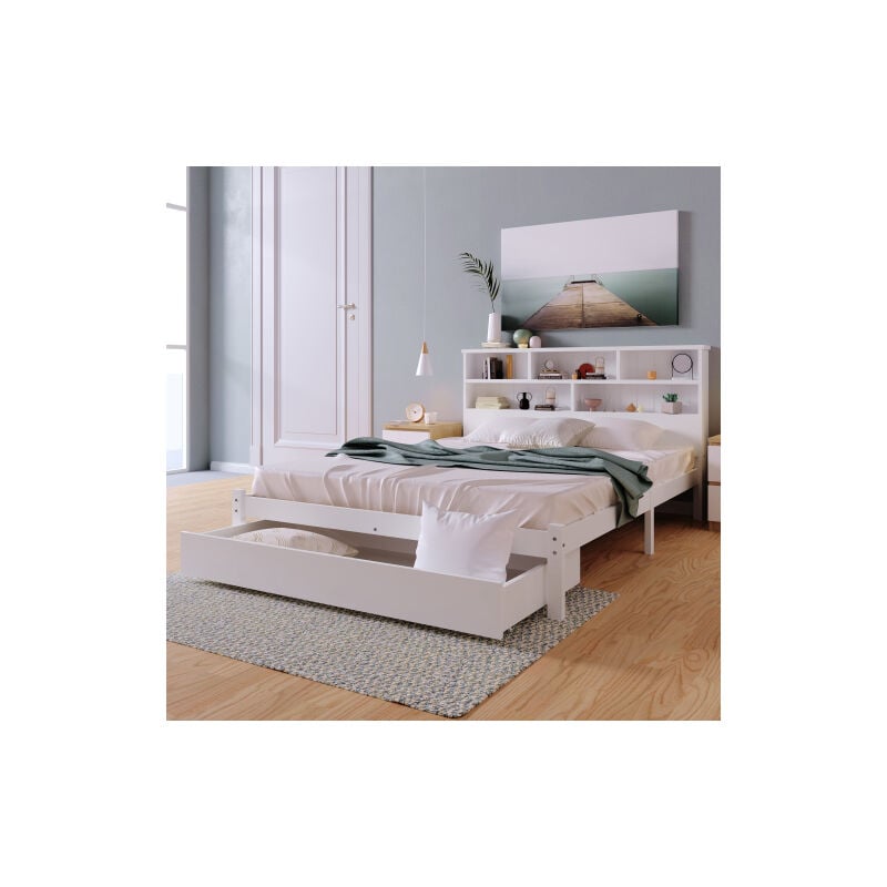 Lit adulte Lit double 140 x 200 cm en bois avec tiroirs et bibliothèque. Blanc