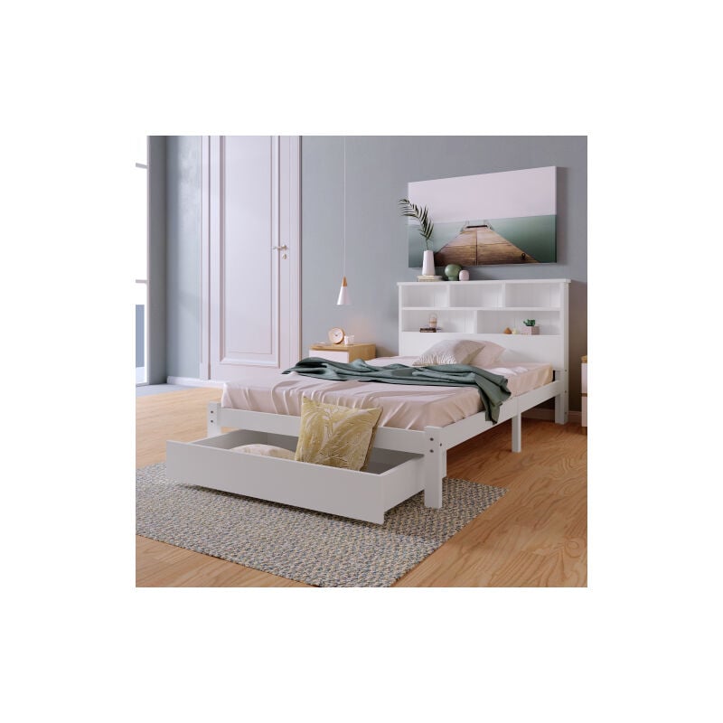 Lit adulte Lit simple enfant 90 x 200 cm en bois avec tiroirs et bibliothèque. Blanc