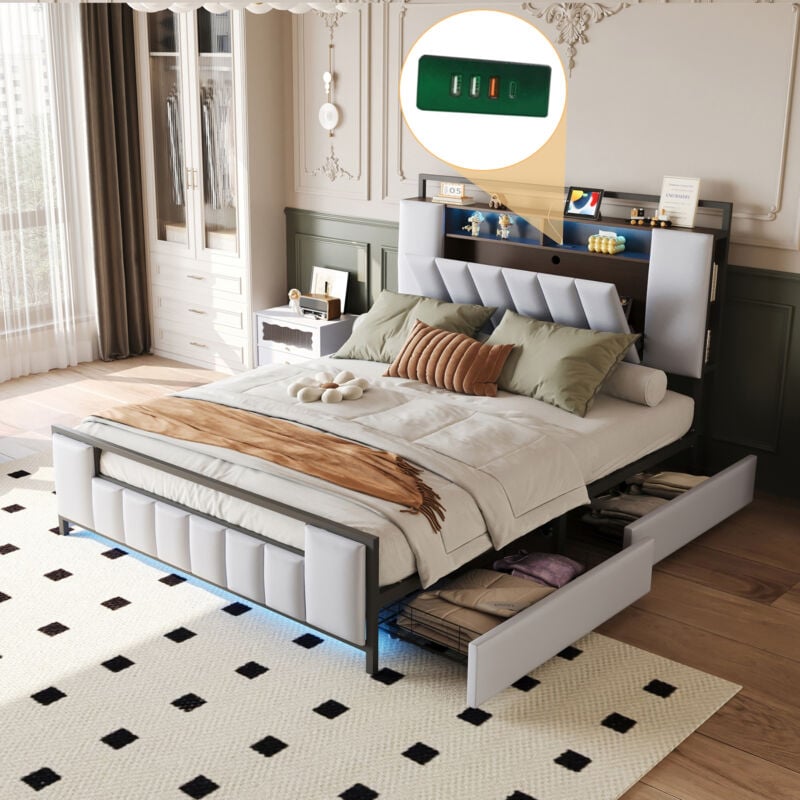 Lit adulte, lumière LED, prise USB, 4 tiroirs, rangement tête de lit, lit double 160x200 cm, simili cuir, beige, sans matelas