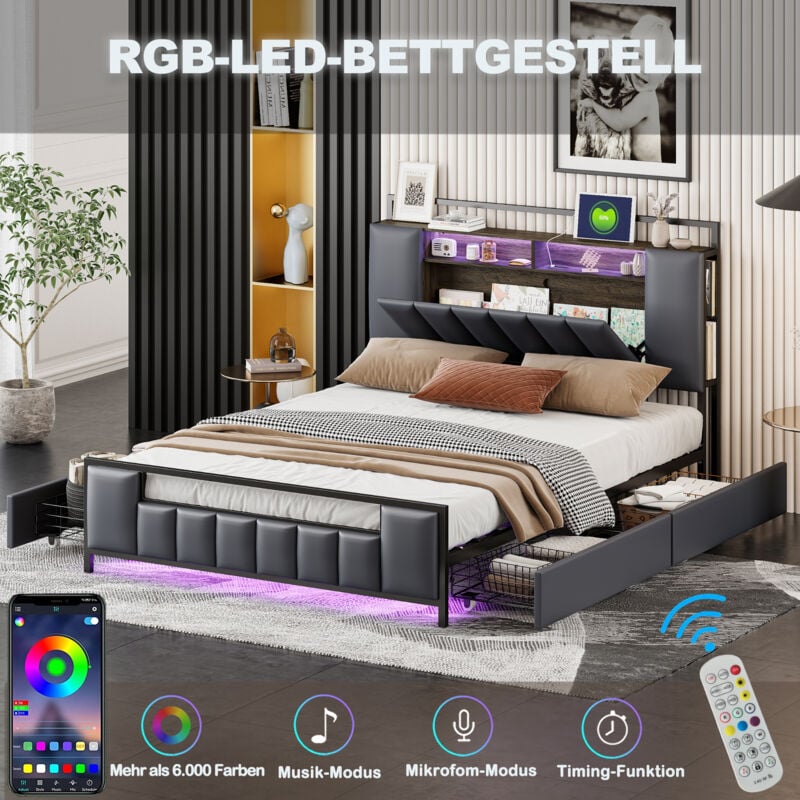 Lit adulte, lumière led, prise usb, 4 tiroirs, rangement tête de lit, lit double 140x200 cm, simili cuir, gris, sans matelas