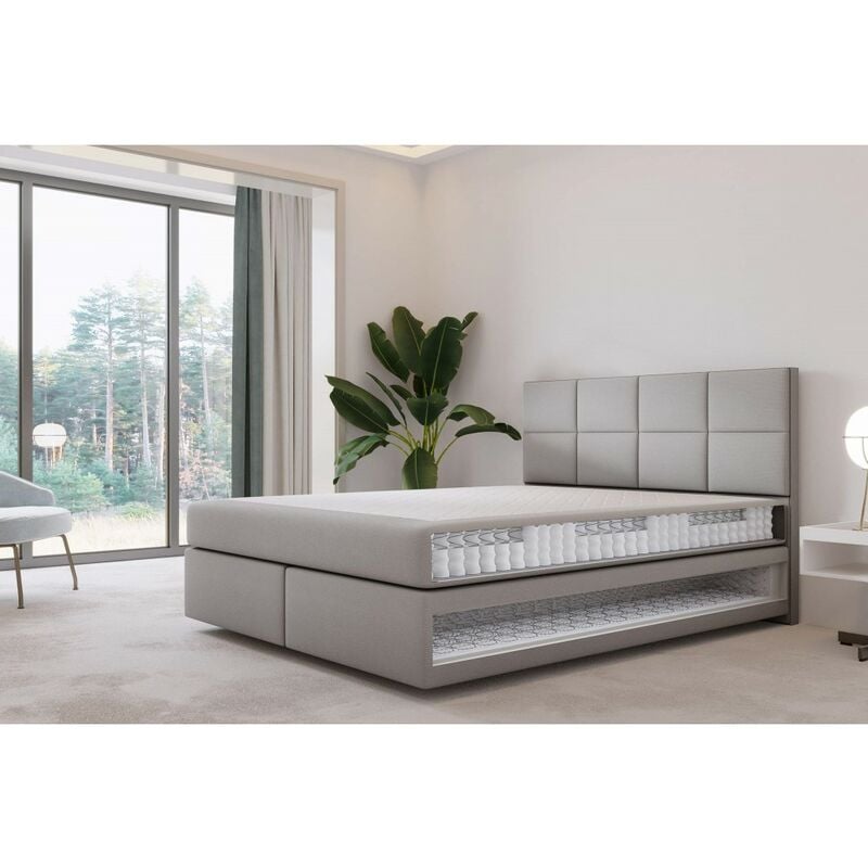 Trada - Lit adulte 200x200 cm mallorca - lit suspendu avec matelas ressorts ensachés et matelas bonnell - tissu velours – gris