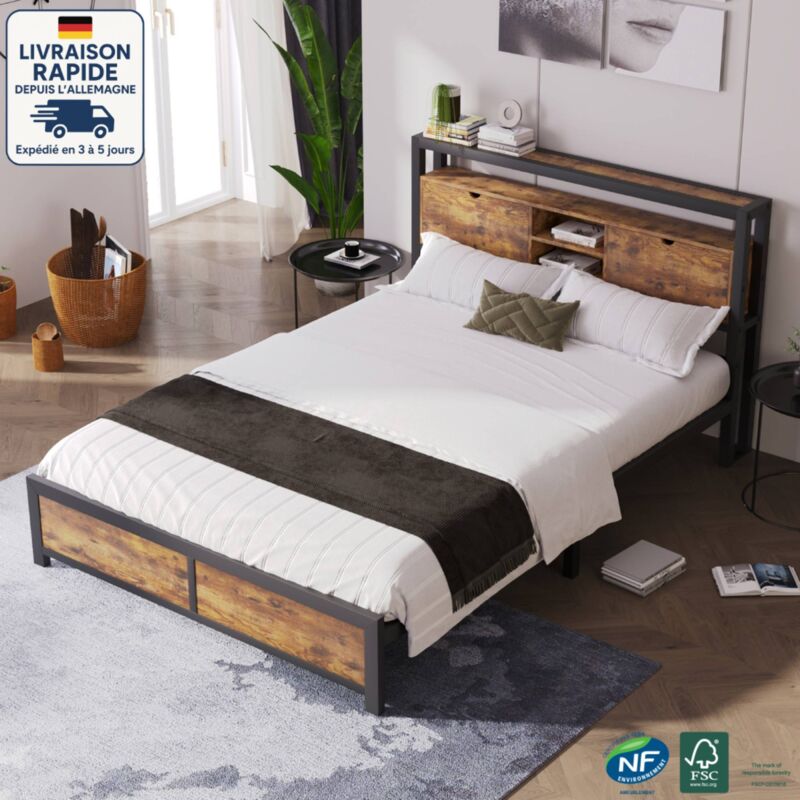 Modfu - Lit adulte 140x200cm, métal + bois, industriel - lit simple, tête de lit avec rangement, sans matelas, noir