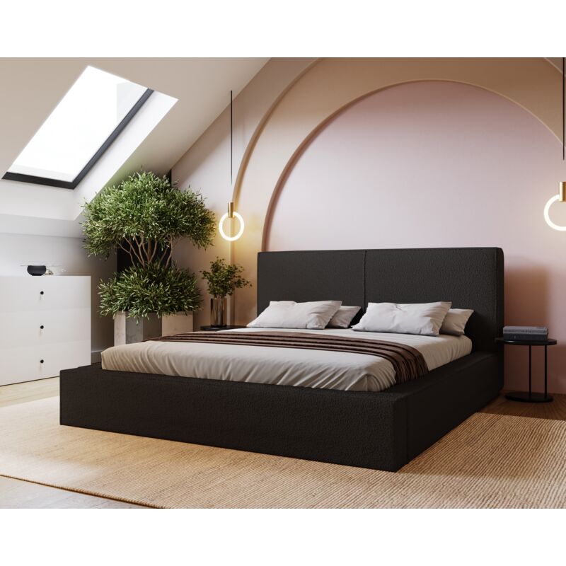 Emporius - Lit adulte 160x200 Morin Boucle - Lit double avec rangement - sommier à lattes, Lit design, tissu bouclé Noir (Anthology 19)