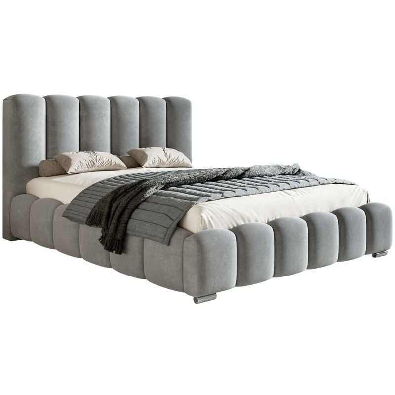 Lit adulte 200x200 Pearl avec sommier - lit double - tissu velours, mousse épaisse - Gris clair (Amor Velvet 4318) + cadre à lattes en métal