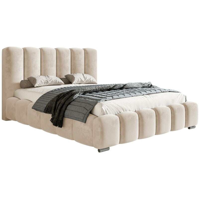 Lit adulte 200x200 Pearl avec sommier - lit double - tissu velours, mousse épaisse - Beige (Amor Velvet 4304) + cadre à lattes en métal