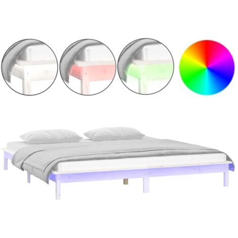 Lit adulte pour 2 personnes, Structure de lit, Assemblage Facile, à LED Blanc 160x200 cm Bois massif OIB9070E