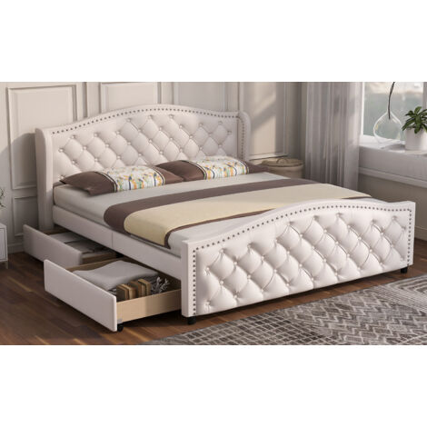 Châlit Chesterfield Lit Capitonné Beige Velours 160x200cm - Neuf Palazzo INT