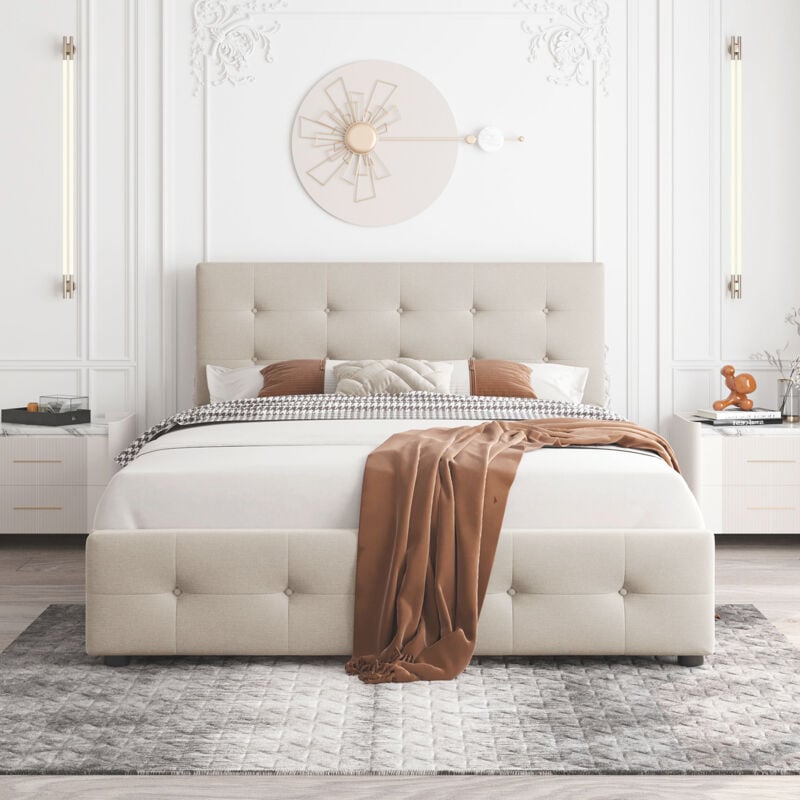 Lit adulte rembourré 140x200 cm avec 4 tiroirs roulantes, velours, sans matelas, beige