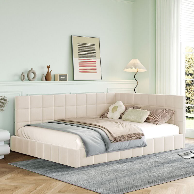 Lit double 140x200cm - lit adulte avec avec sommier à lattes en bois et tête de lit - sans matelas - en tissu velours beige