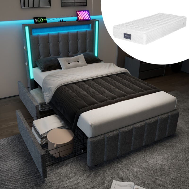Lit adulte rembourré 90x200cm, usb Type c + led, lit simple avec 2 tiroirs, lin, gris, avec matelas