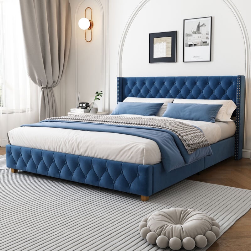 Lit 160x200cm, lit adulte, avec dossier moelleux et sommier à lattes, tissu, bleu, sans matelas