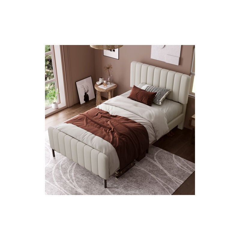 Wishdor - lit rembourré 90x200 cm, lit simple 90x200 cm, cadre de lit avec sommier à lattes et tête de lit capitonné réglable, lin, gris-beige, sans