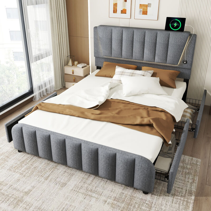 Lit adulte rembourré, éclairage télécommandé, lit double, 4 tiroirs, tête de lit réglable, 160x200 cm, lin, gris, sans matelas