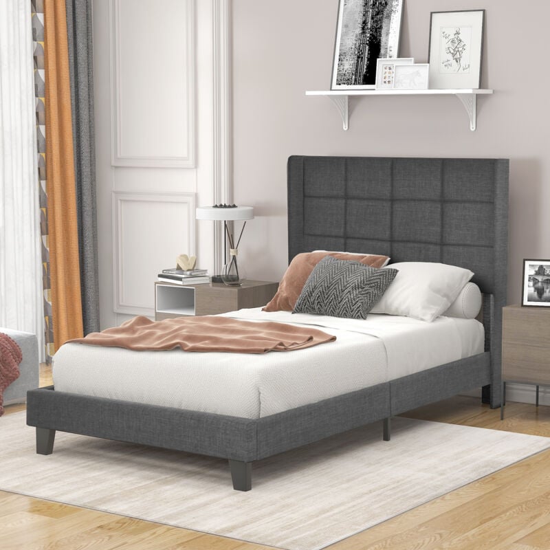 Lit adulte, lit enfant, tête de lit, Lin, lit ado, 90x200 cm lit simple, gris, sans matelas