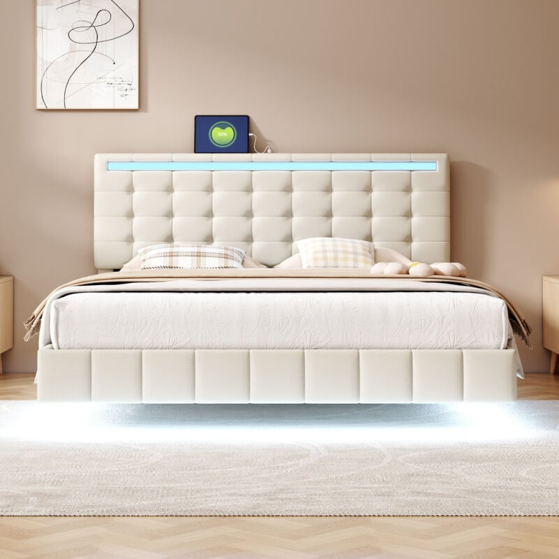 Wishdor - Lit adulte 160x200 cm, lit adulte led, lit capitonné beige avec tête de lit, en lin beige doux pour la peau, sans matelas