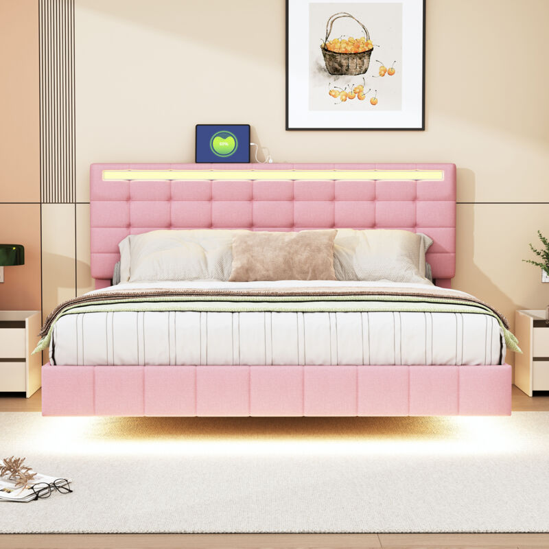 Lit adulte 160x200 cm, lit adulte led, lit capitonné rose avec tête de lit, en lin rose doux pour la peau, sans matelas