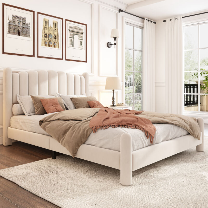 Lit adulte rembourré en velours - 160x200 cm - avec sommier à lattes - Beige