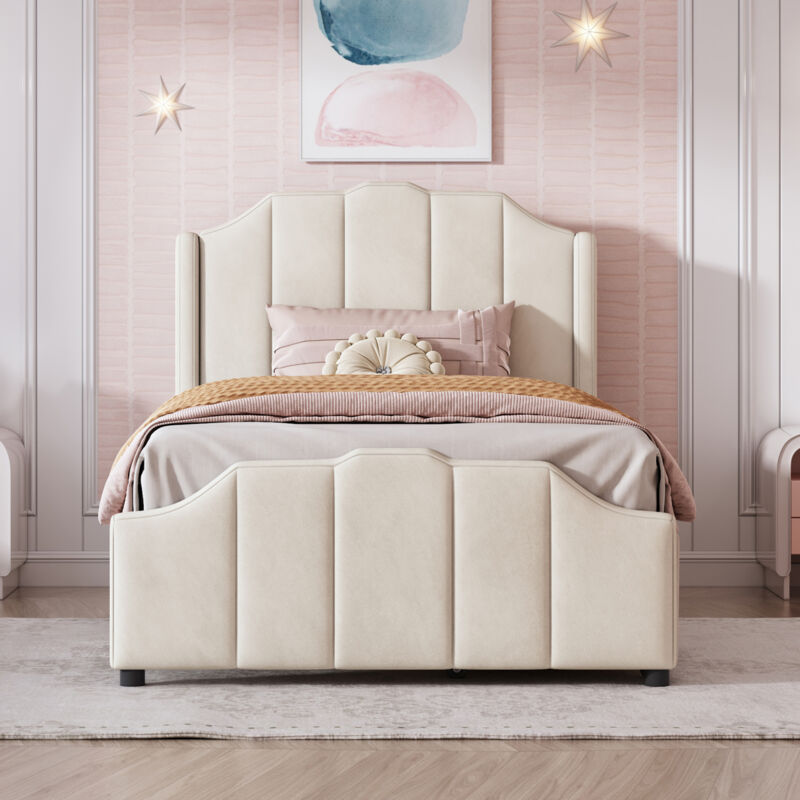 Modernluxe - Lit adulte rembourré en velours - avec 2 tiroirs et sommier à lattes - 90x200cm - Beige