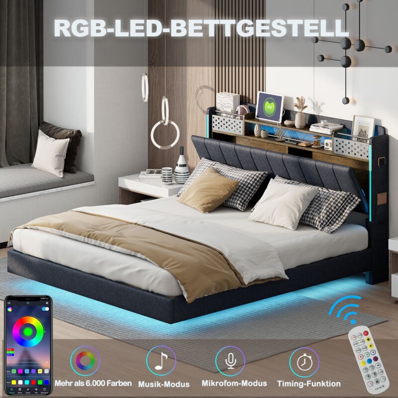 Lit adulte 160x200cm, lit double rembourré, led, usb, tête de lit avec rangement, lin, Sans matelas, gris