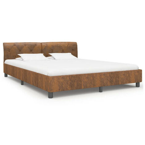 Lit adulte simili cuir marron et pieds métal noir Meyza 160x200 cm