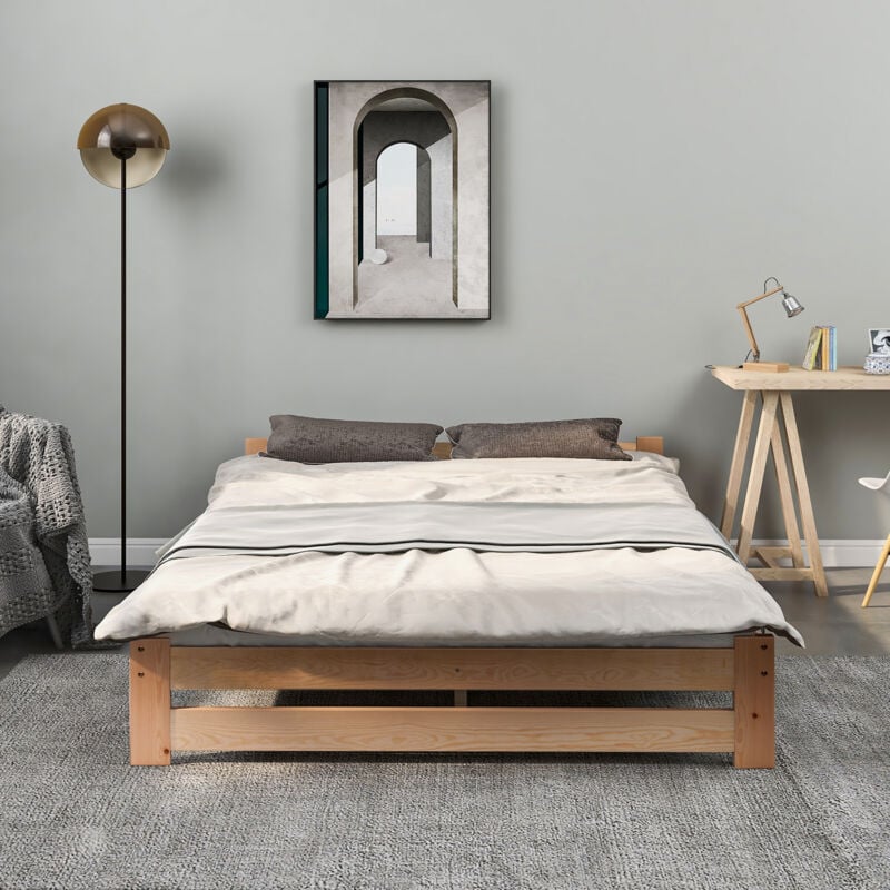 Lit adulte Lit double Lit en bois 140 x 200 cm avec tête de lit et sommier à lattes, naturel