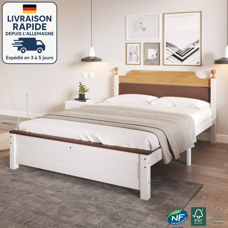 Lit adulte, sommier à lattes, tête de lit mdf, sans matelas, blanc, bois + mdf, lit double 140x200cm
