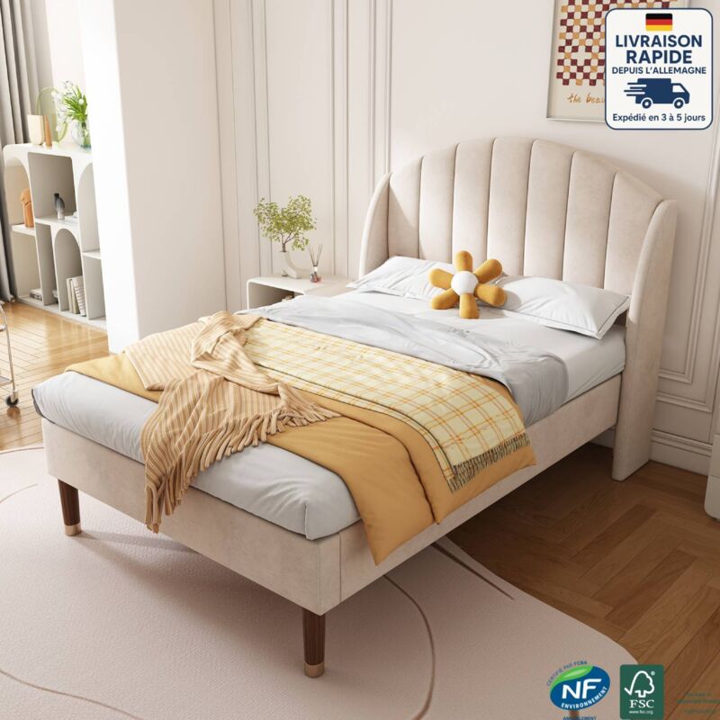 Modfu - Lit adulte, sommier à lattes, velours, forme simple, sans matelas, beige, lit simple, 90x200 cm