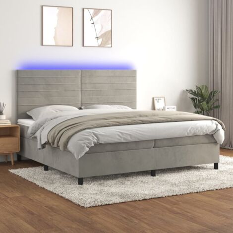 Lit Adulte - Sommier tapissier matelas et LED - Ensemble de lit tapissier - Chambre Intérieur - Gris clair 200x200 cm Velours DETHB59899