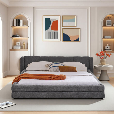 Lit adulte , tissu chenille doux pour la peau, dossier confortable, gris foncé (matelas non inclus)-140 × 200 cm