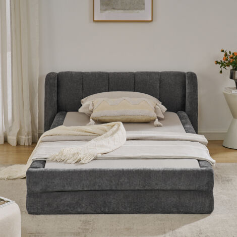 Lit adulte , tissu chenille doux pour la peau, dossier confortable, gris foncé (matelas non inclus)-90 × 200 cm