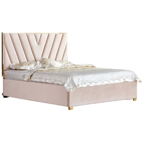 Homy France – Lit adulte 140x190 cm en velours beige – Sommier à lattes intégré – Structure bois – Piètement acier – Design moderne