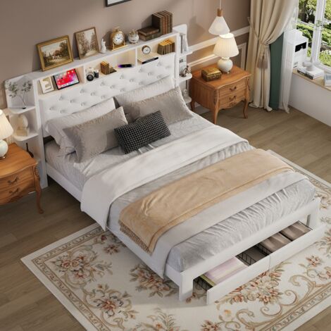 Lit adulte160x200 cm, 2 tiroirs, tête de lit avec compartiments de rangement, port USB intelligent, lumière LED multimode, cadre à lattes, blanc
