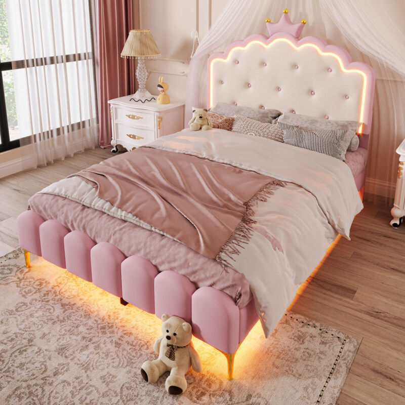 Lit adulte/enfant rembourré 140x200 cm, led, lit simple, tête de lit en forme de couronne, sans matelas, pu, rose