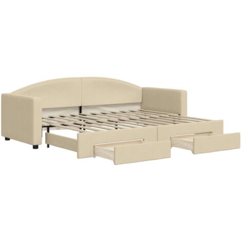 Lit adulte，Lit de jour avec gigogne et tiroirs crème 80x200 cm tissu668976