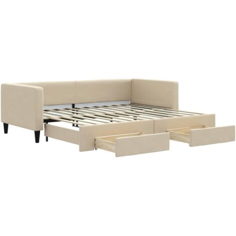 Lit adulte，Lit de jour avec gigogne et tiroirs crème 90x200 cm tissu936715