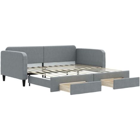 Lit adulte，Lit de jour avec gigogne et tiroirs gris clair 100x200 cm tissu350508