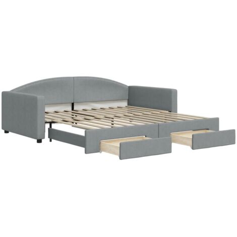 Lit adulte，Lit de jour avec gigogne et tiroirs gris clair 100x200 cm tissu727052