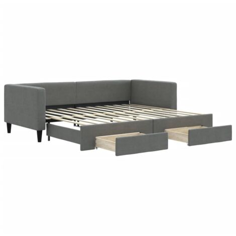 Lit adulte，Lit de jour avec gigogne et tiroirs gris foncé 90x200 cm tissu893691