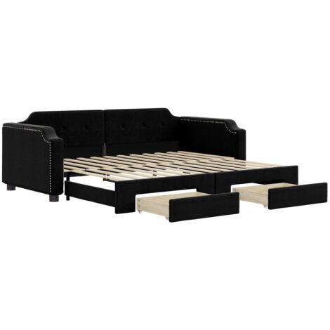 Lit adulte，Lit de jour avec gigogne et tiroirs noir 80x200 cm tissu126057