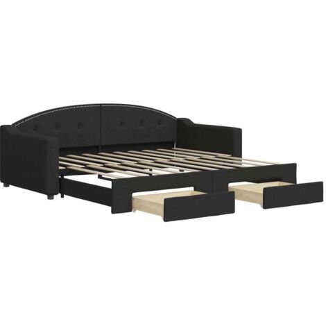Lit adulte，Lit de jour avec gigogne et tiroirs noir 90x190 cm tissu160291