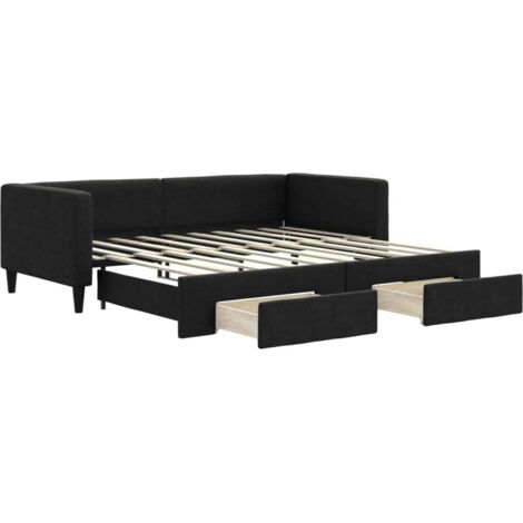 Lit adulte，Lit de jour avec gigogne et tiroirs noir 90x190 cm tissu603847
