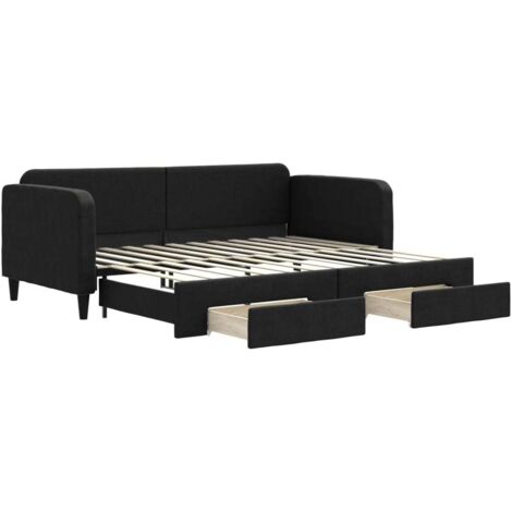 Lit adulte，Lit de jour avec gigogne et tiroirs noir 90x200 cm tissu405039