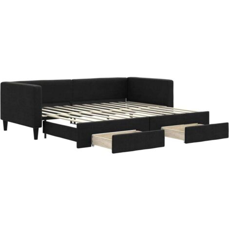 Lit adulte，Lit de jour avec gigogne et tiroirs noir 90x200 cm tissu453300