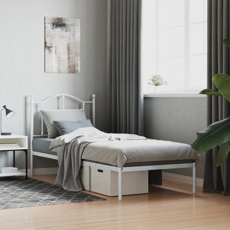 Lit adulte，Lit simple，Cadre de lit métal avec tête de lit blanc 90x190 cm CIV145166